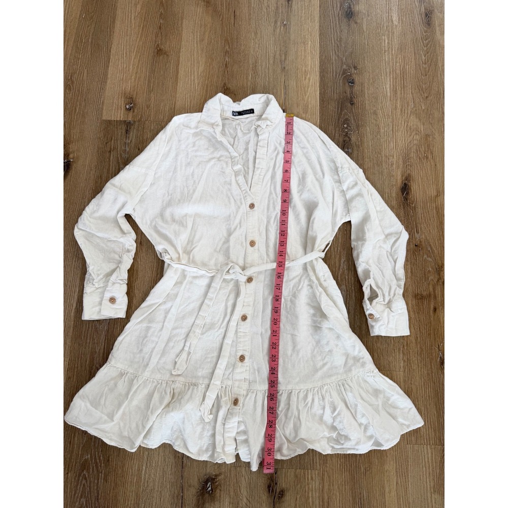 Zara Shirt Dress Womens Medium Cream Linen Blend Ruffle Hem Belted Excellent - Picture 4 of 9